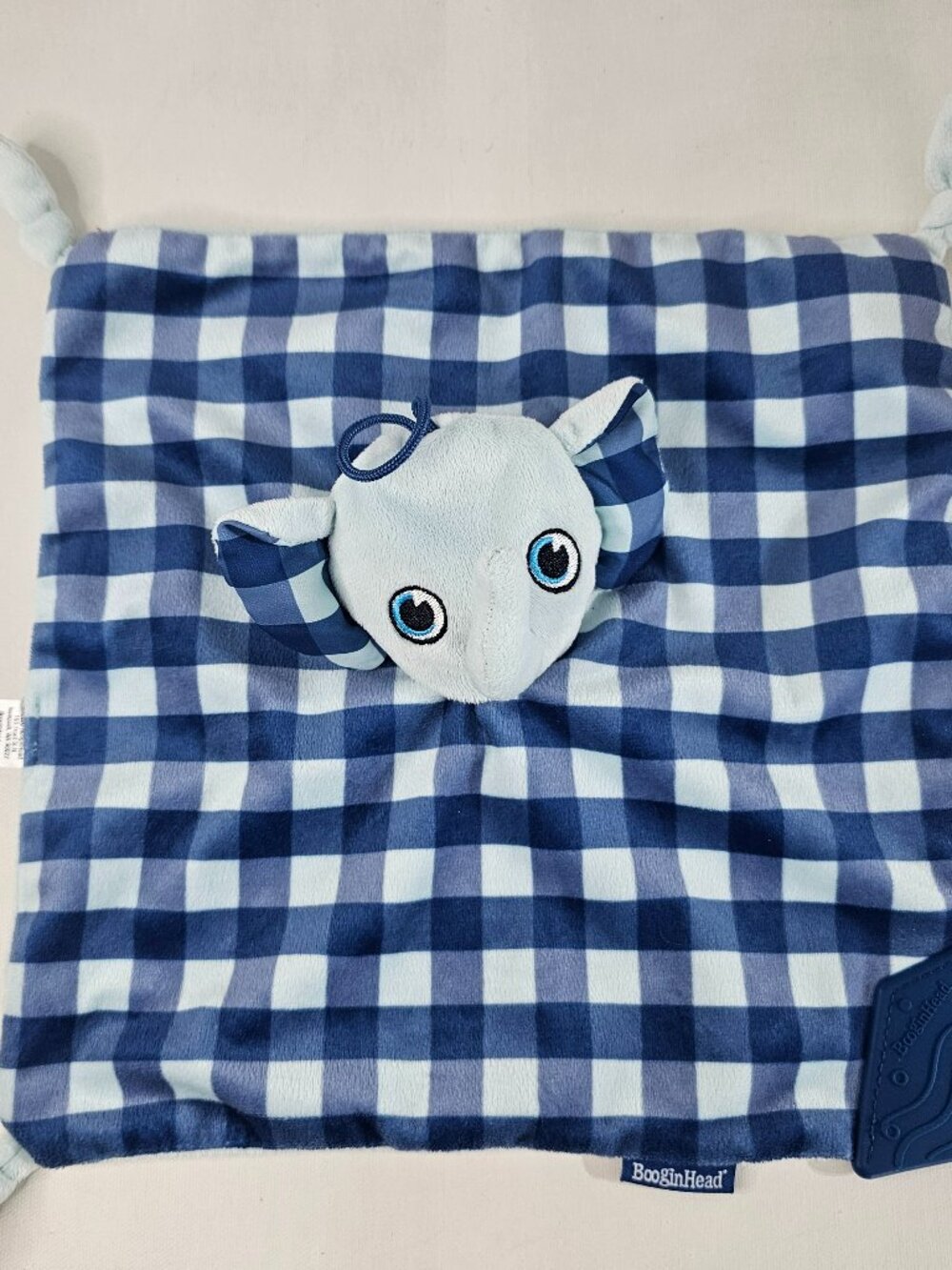 BooginHead Elephant Head Plush Lovey Security Blanket Teether Corner Blue Plaid